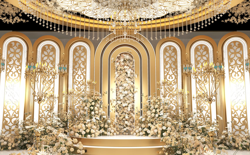 金银川路街道香槟色调婚礼堂效果展示